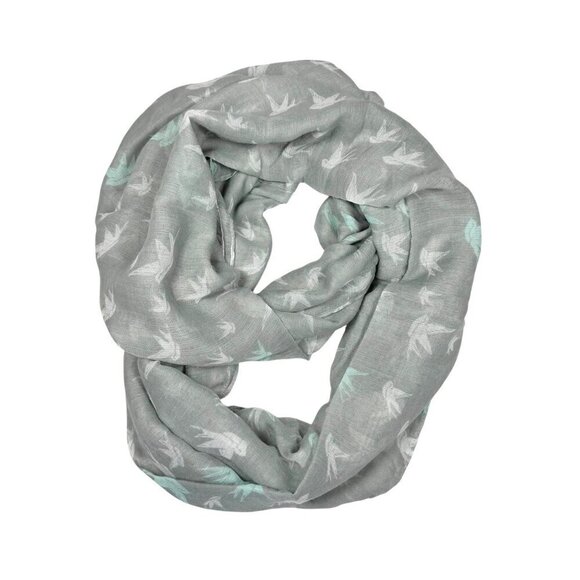 NWOT Infinity Scarf Light Gray Bird Print Viscose Boho Grunge - Picture 4 of 5